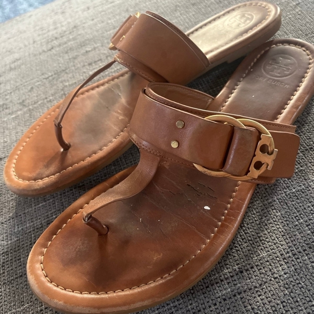 Tory Burch Marsden Leather Sandals with Gold Accents - Size 9